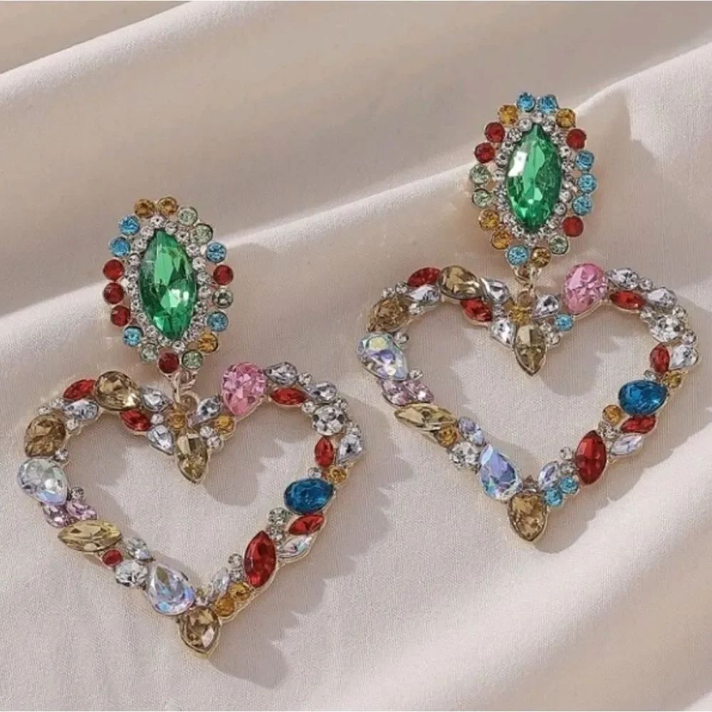Large Rhinestone Heart Earrings 
